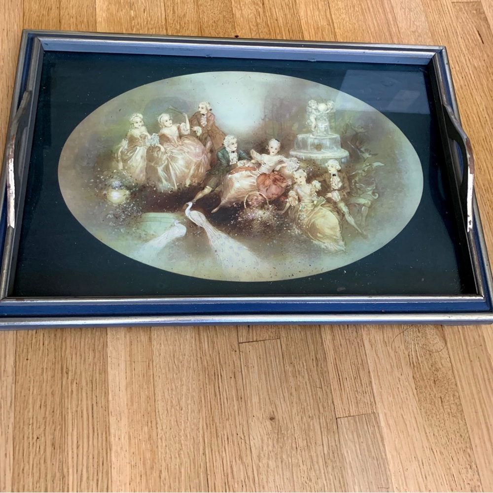 Vintage Victorian Style Tray Glass Wood Tea Blue 18 x 12"